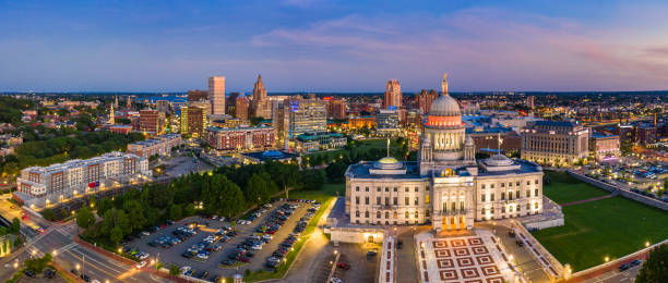 Aerial dusk view of the Rhode Island State House and downtown Providence skyline